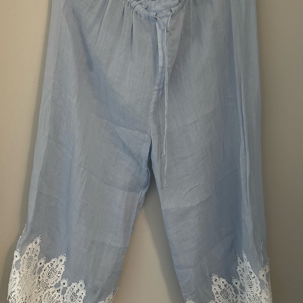 Zara Woman Light Blue Elastic-Waist Linen Pants with Lace Hem